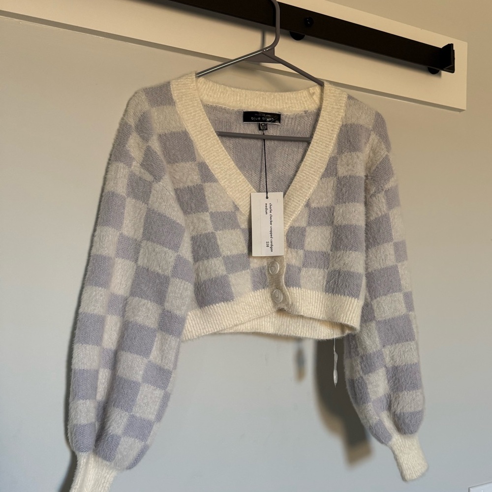 Blue Blush Cream and Gray Checkered Cardigan NWT